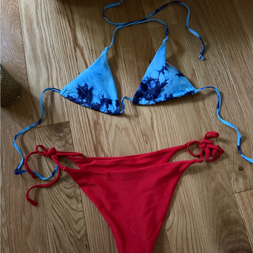Blue Tie-Dye Bikini Top and Red Bottom